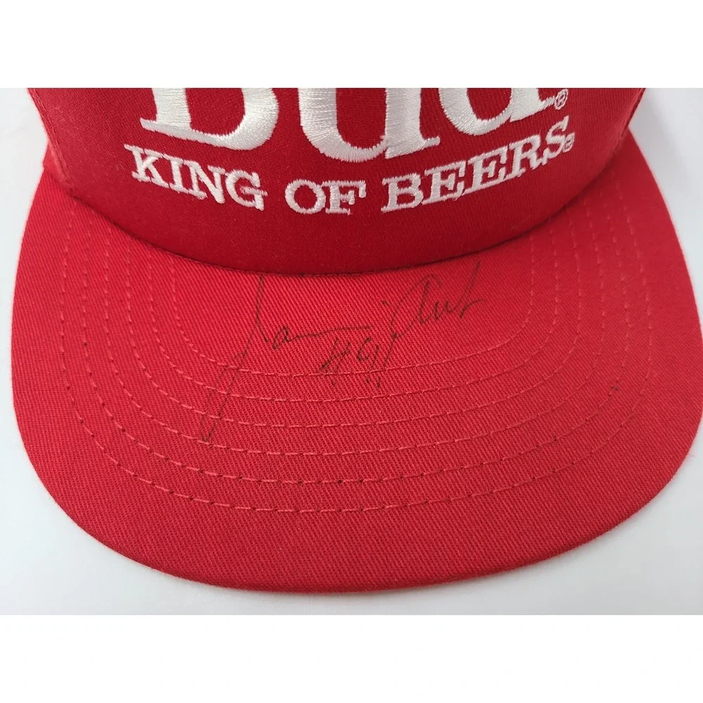 Vintage Budweiser Bud King of Beers Signed Autographed Snapback Hat Cap Beer Red
